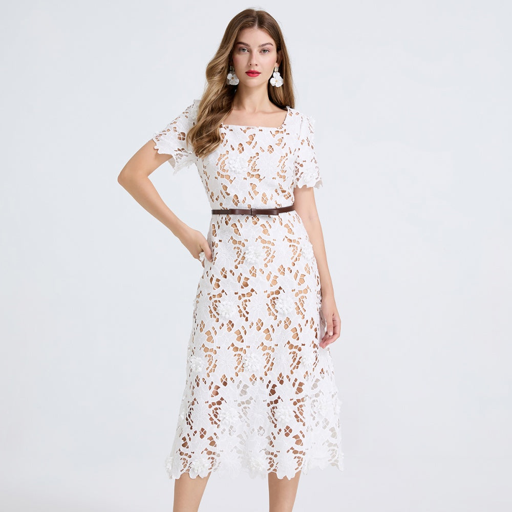 CM-DY051238 Women Elegant Seoul Style Hollow Square Collar Short Sleeve Mid-Length Dress - White