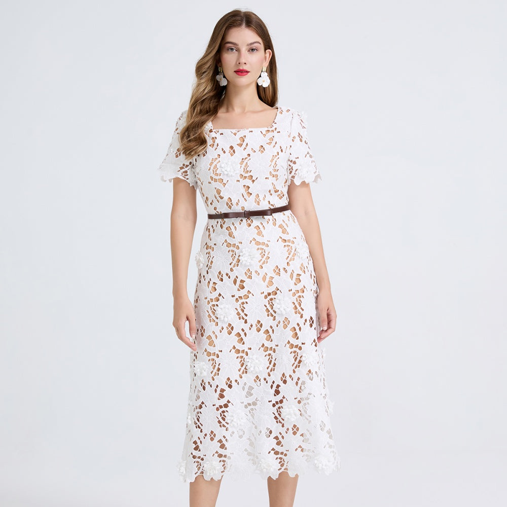 CM-DY051238 Women Elegant Seoul Style Hollow Square Collar Short Sleeve Mid-Length Dress - White