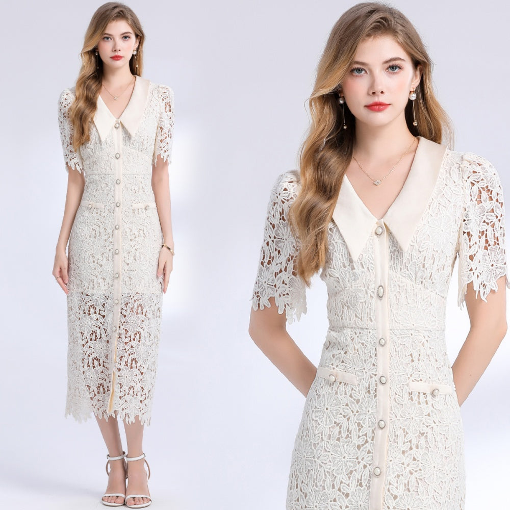 CM-DY051241 Women Elegant European Style Lapel Neckline Short Sleeve Lace Mid-Length Dress - Apricot