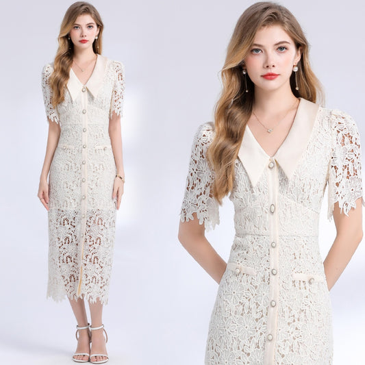 CM-DY051241 Women Elegant European Style Lapel Neckline Short Sleeve Lace Mid-Length Dress - Apricot