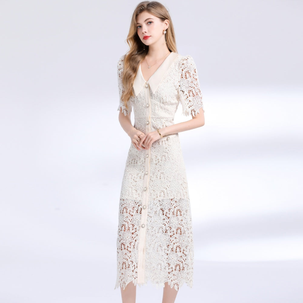 CM-DY051241 Women Elegant European Style Lapel Neckline Short Sleeve Lace Mid-Length Dress - Apricot