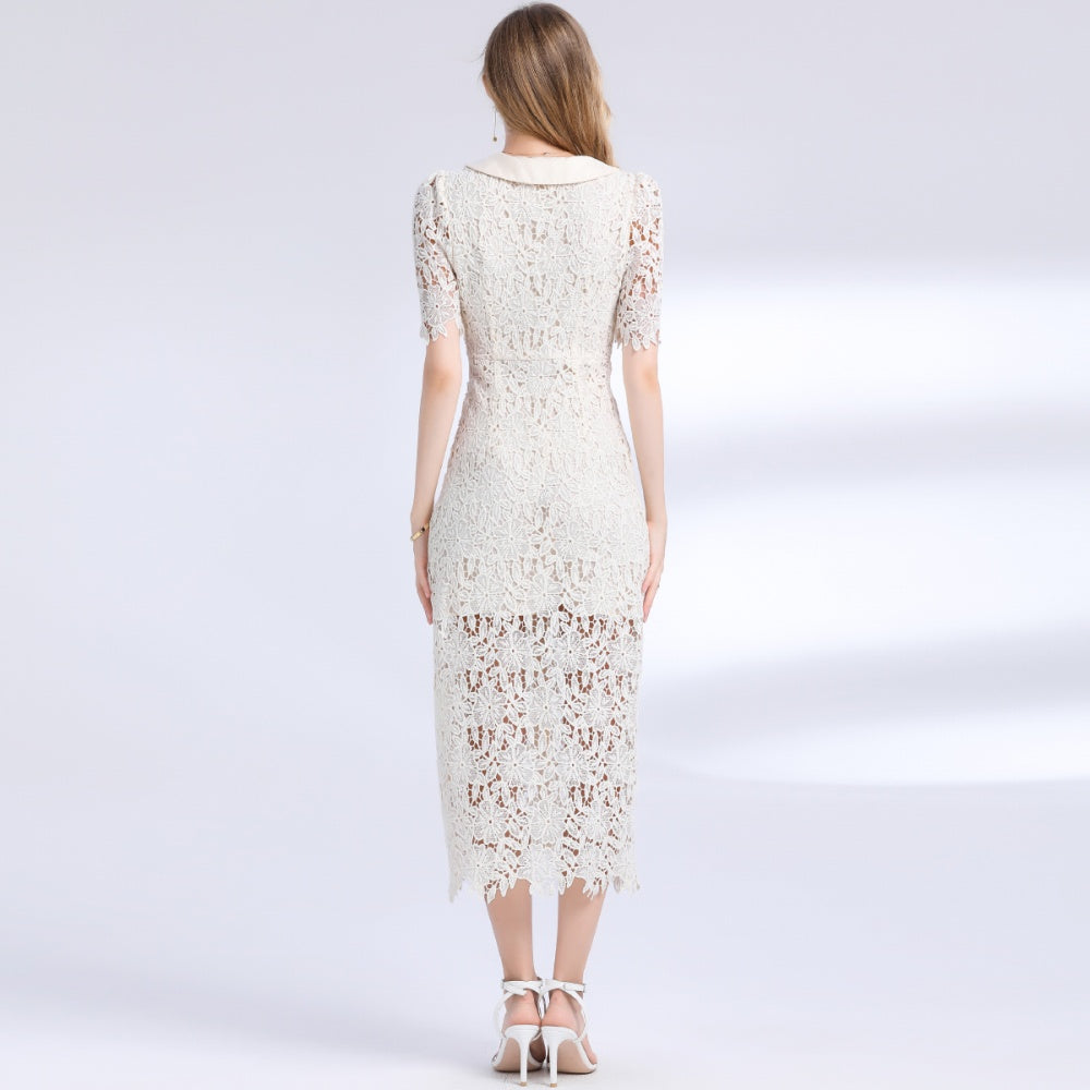 CM-DY051241 Women Elegant European Style Lapel Neckline Short Sleeve Lace Mid-Length Dress - Apricot