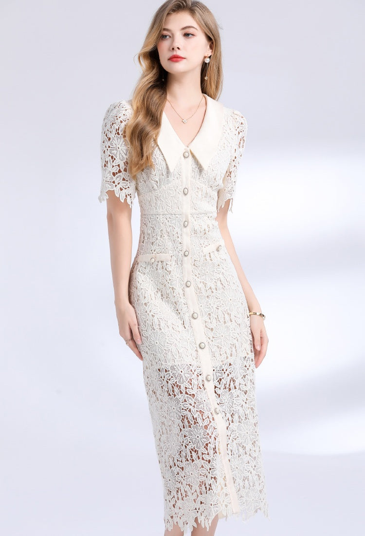 CM-DY051241 Women Elegant European Style Lapel Neckline Short Sleeve Lace Mid-Length Dress - Apricot