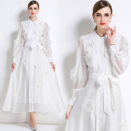 CM-DY051368 Women Elegant European Style Lapel Neckline Long Sleeve Floral Decor Pinched Waist Maxi Dress - White