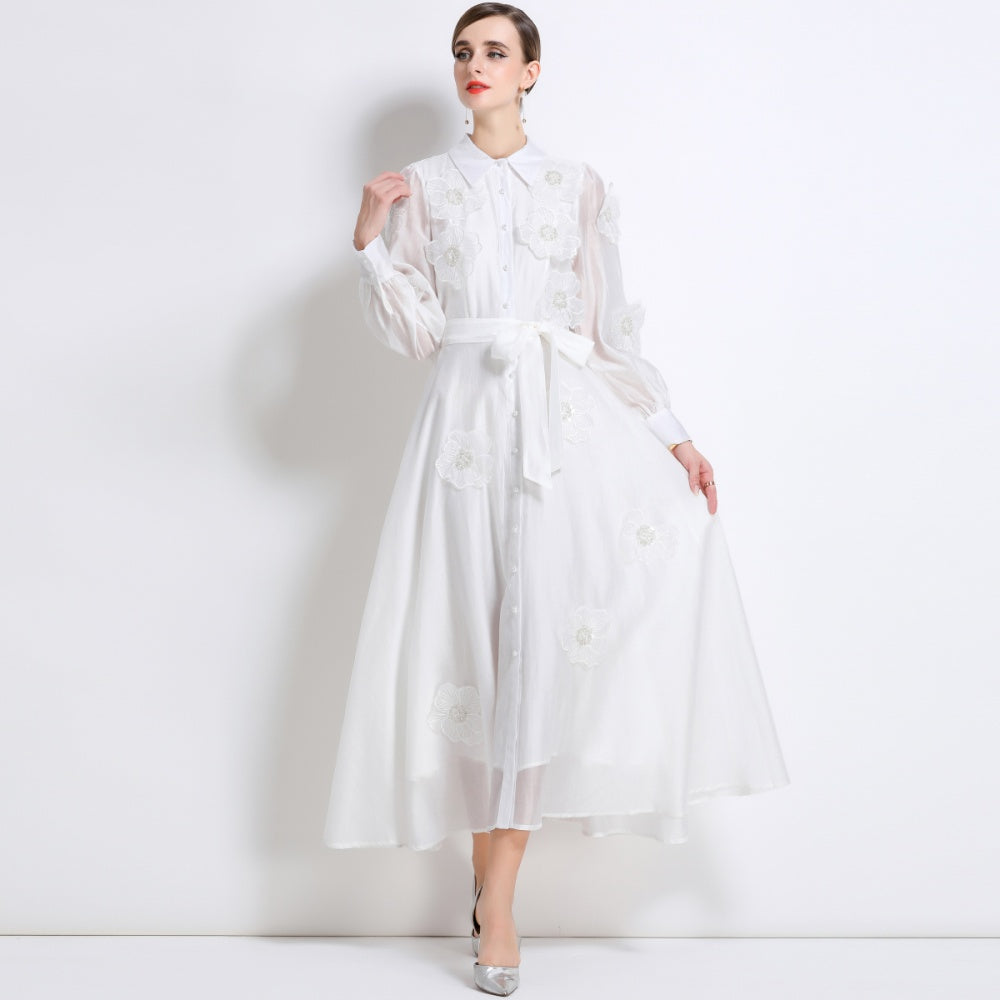 CM-DY051368 Women Elegant European Style Lapel Neckline Long Sleeve Floral Decor Pinched Waist Maxi Dress - White