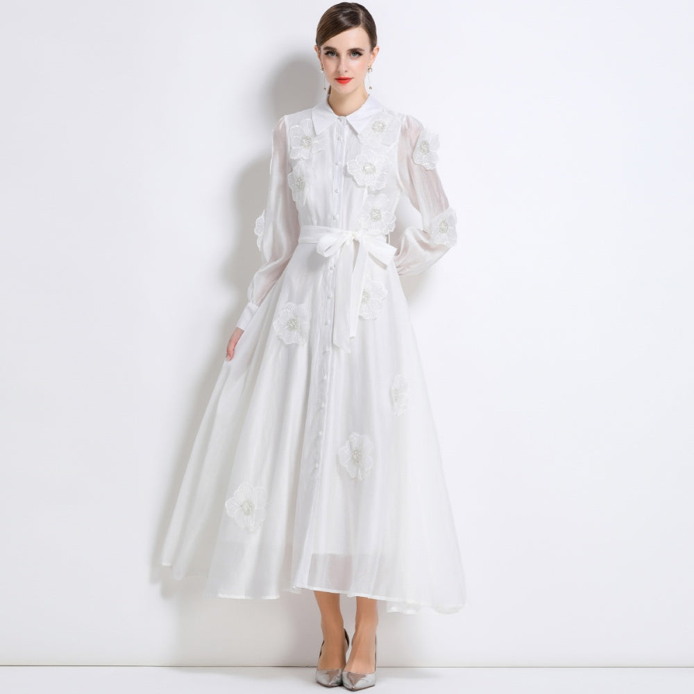 CM-DY051368 Women Elegant European Style Lapel Neckline Long Sleeve Floral Decor Pinched Waist Maxi Dress - White
