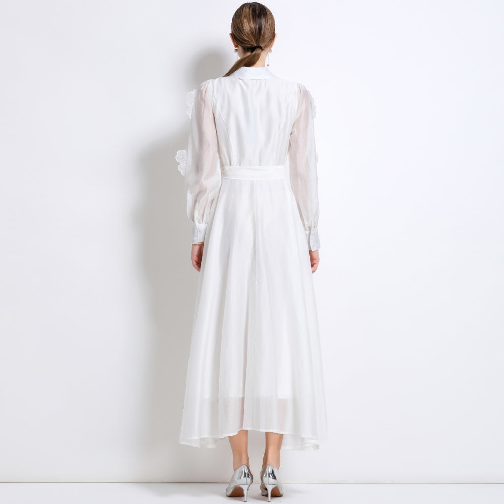 CM-DY051368 Women Elegant European Style Lapel Neckline Long Sleeve Floral Decor Pinched Waist Maxi Dress - White