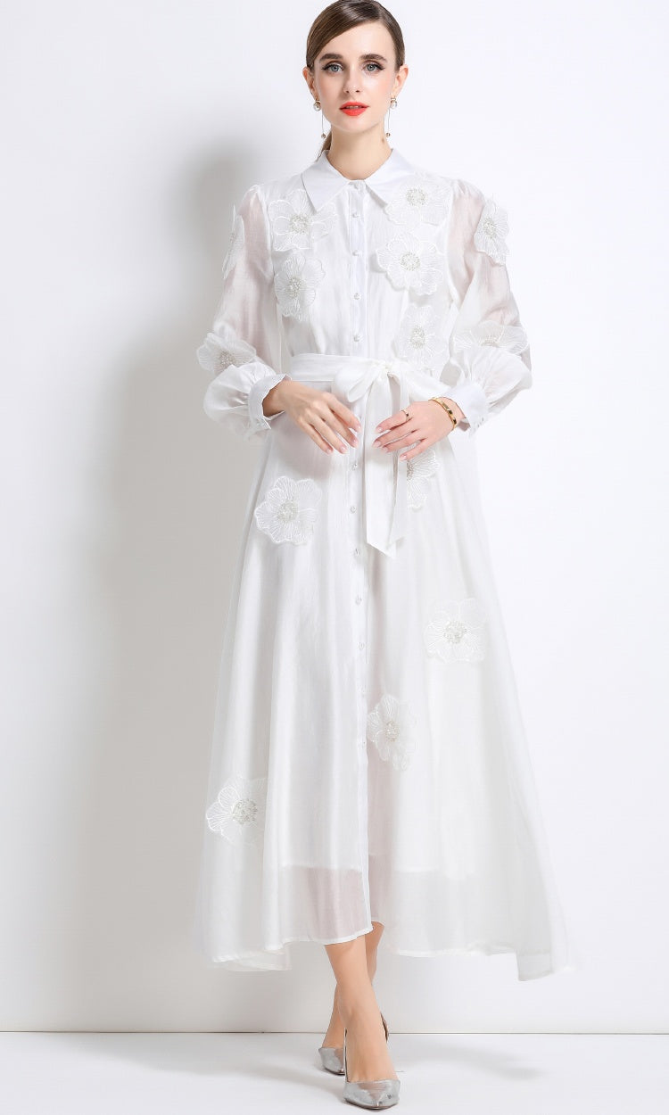 CM-DY051368 Women Elegant European Style Lapel Neckline Long Sleeve Floral Decor Pinched Waist Maxi Dress - White