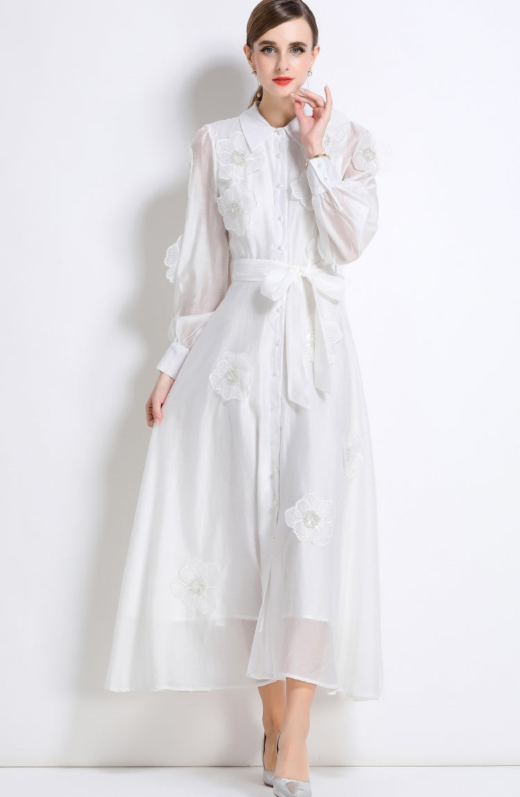 CM-DY051368 Women Elegant European Style Lapel Neckline Long Sleeve Floral Decor Pinched Waist Maxi Dress - White