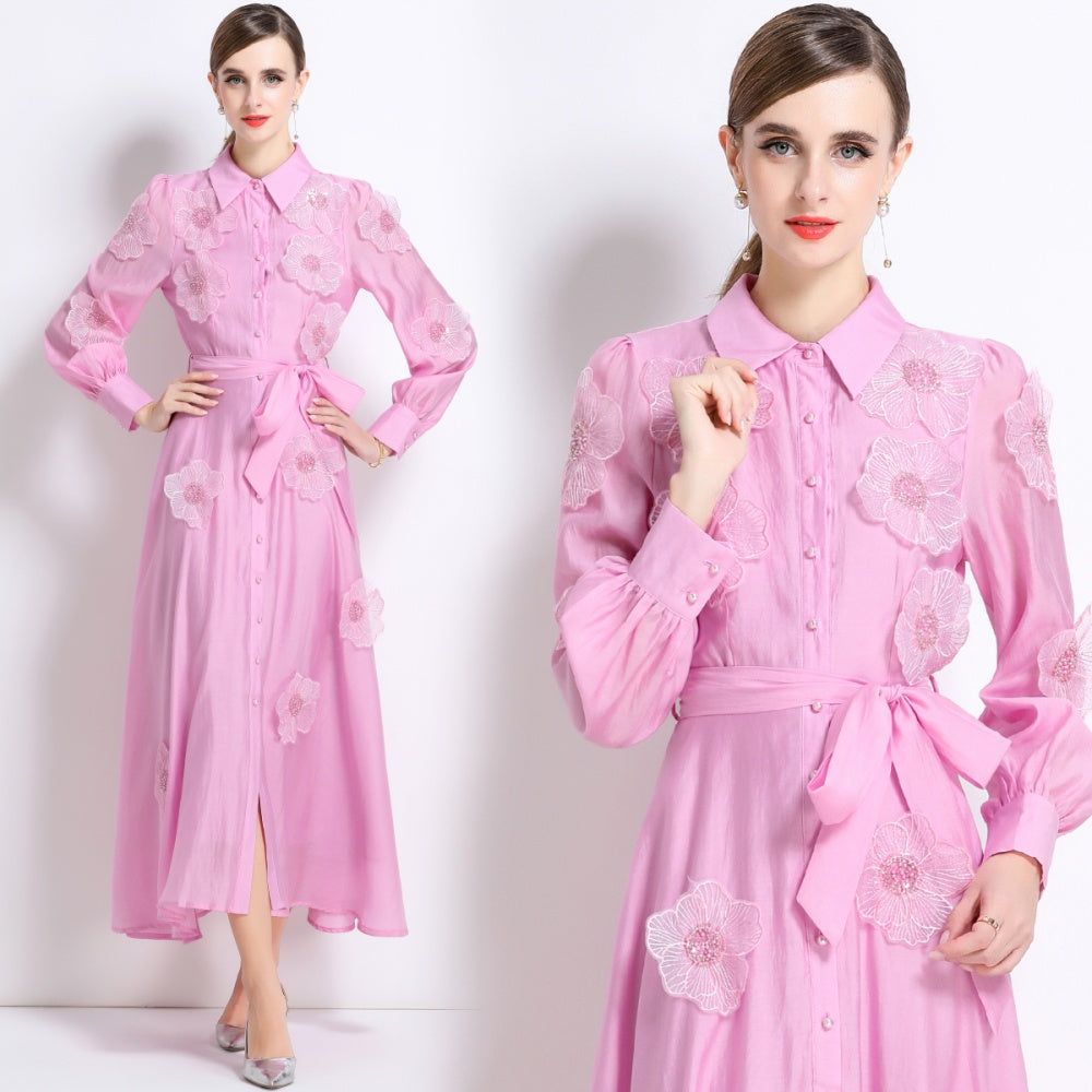CM-DY051369 Women Elegant European Style Lapel Neckline Long Sleeve Floral Decor Pinched Waist Maxi Dress - Pink