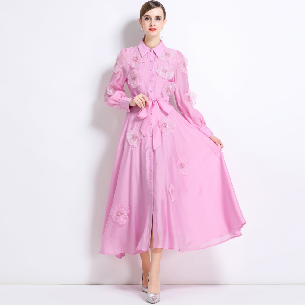 CM-DY051369 Women Elegant European Style Lapel Neckline Long Sleeve Floral Decor Pinched Waist Maxi Dress - Pink