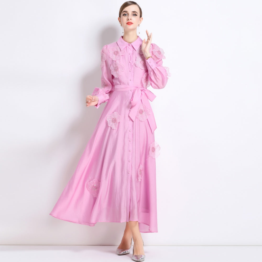 CM-DY051369 Women Elegant European Style Lapel Neckline Long Sleeve Floral Decor Pinched Waist Maxi Dress - Pink