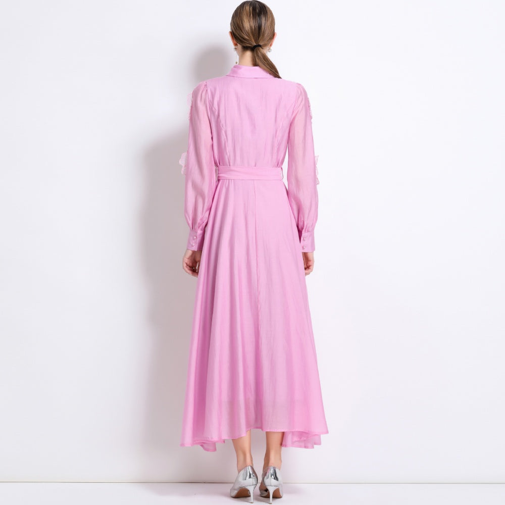 CM-DY051369 Women Elegant European Style Lapel Neckline Long Sleeve Floral Decor Pinched Waist Maxi Dress - Pink
