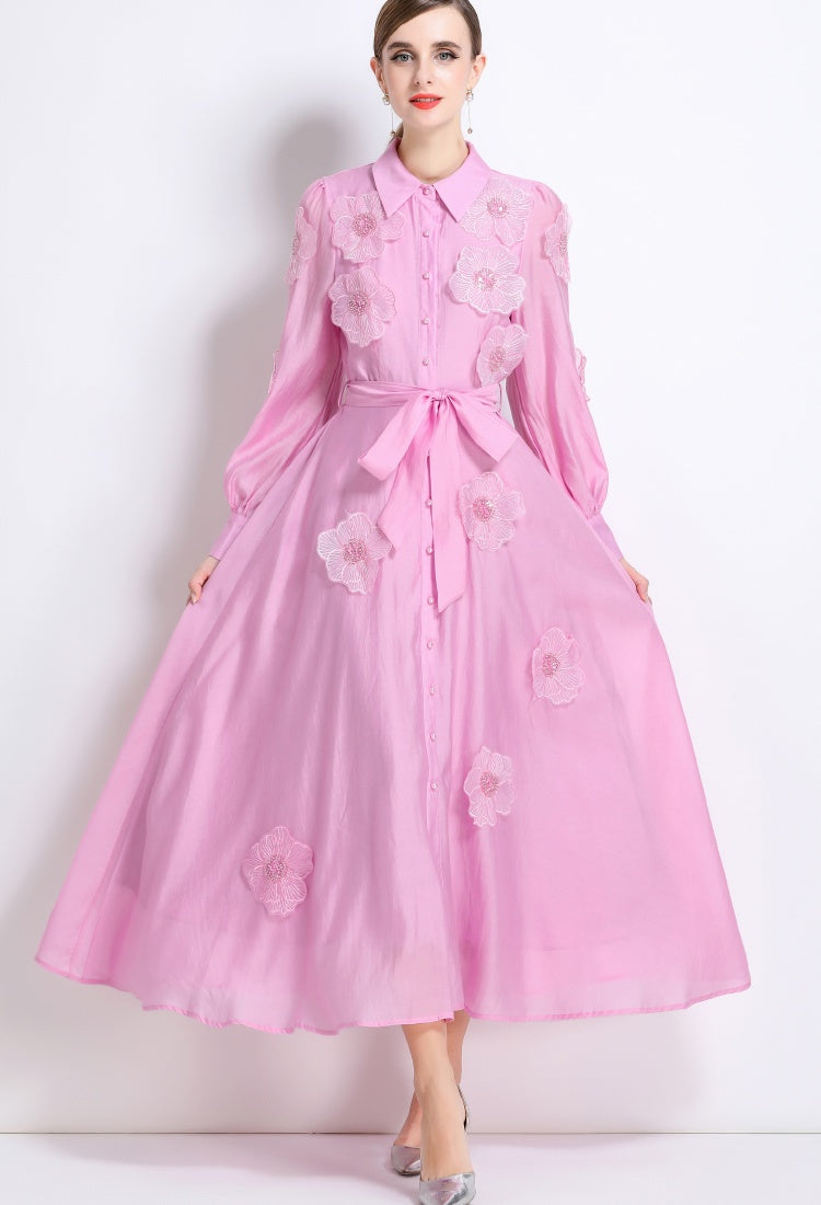 CM-DY051369 Women Elegant European Style Lapel Neckline Long Sleeve Floral Decor Pinched Waist Maxi Dress - Pink