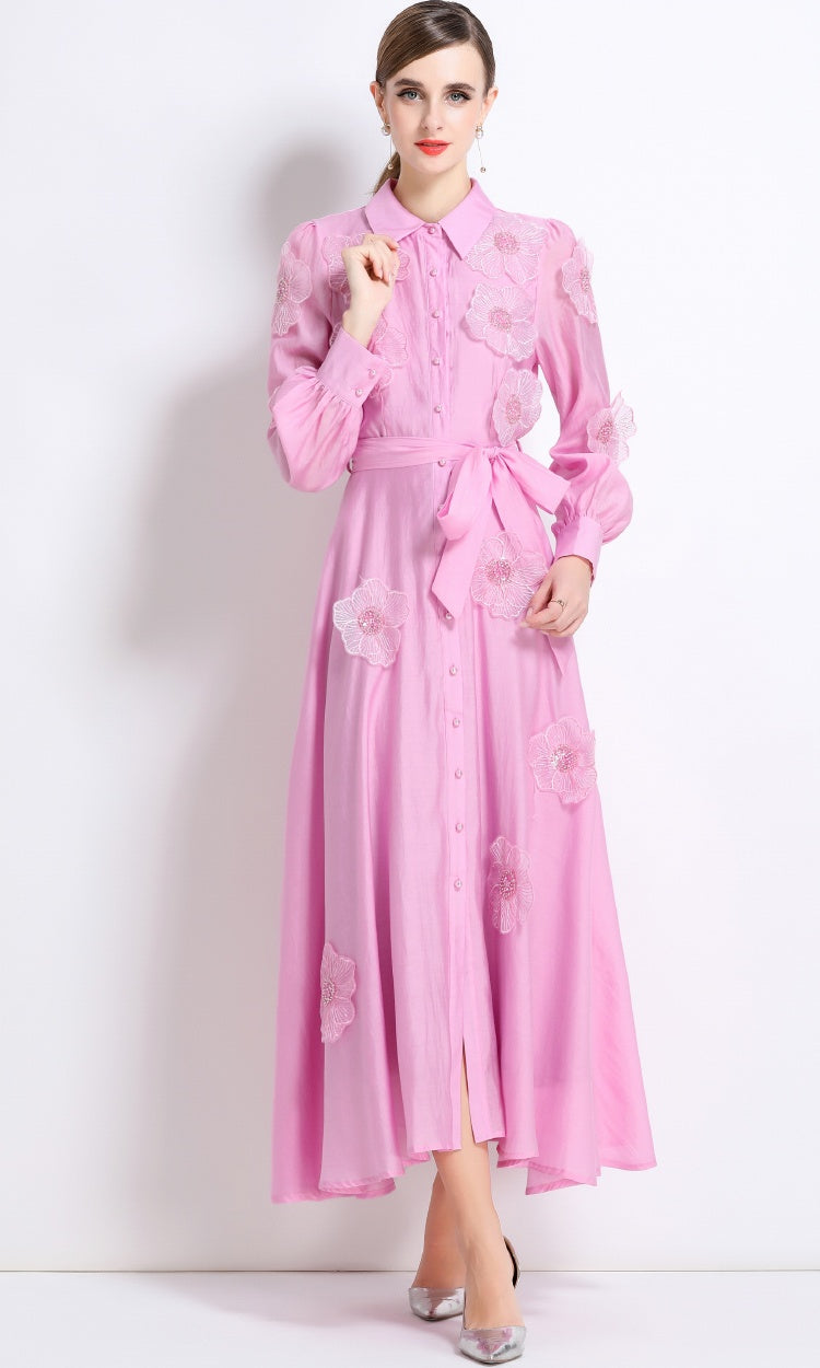 CM-DY051369 Women Elegant European Style Lapel Neckline Long Sleeve Floral Decor Pinched Waist Maxi Dress - Pink