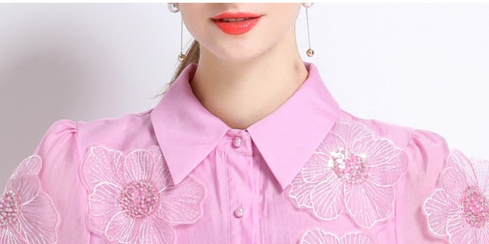 CM-DY051369 Women Elegant European Style Lapel Neckline Long Sleeve Floral Decor Pinched Waist Maxi Dress - Pink