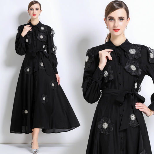 CM-DY051370 Women Elegant European Style Lapel Neckline Long Sleeve Floral Decor Pinched Waist Maxi Dress - Black