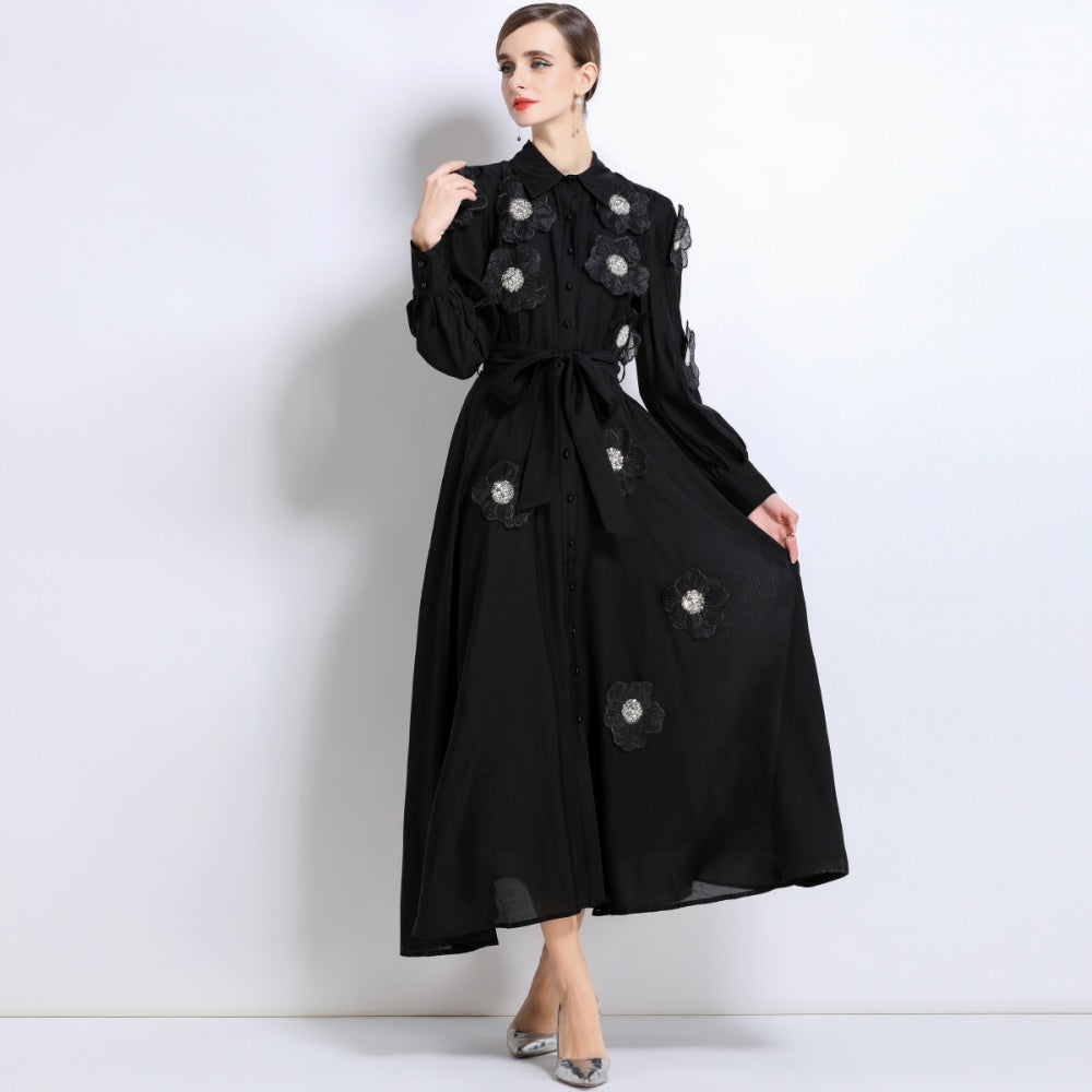 CM-DY051370 Women Elegant European Style Lapel Neckline Long Sleeve Floral Decor Pinched Waist Maxi Dress - Black