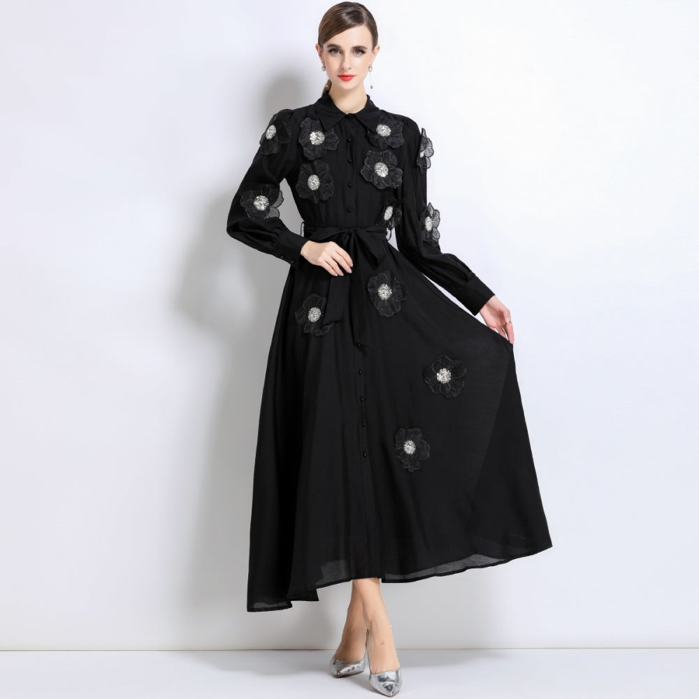 CM-DY051370 Women Elegant European Style Lapel Neckline Long Sleeve Floral Decor Pinched Waist Maxi Dress - Black