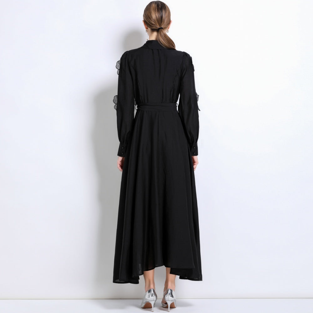 CM-DY051370 Women Elegant European Style Lapel Neckline Long Sleeve Floral Decor Pinched Waist Maxi Dress - Black
