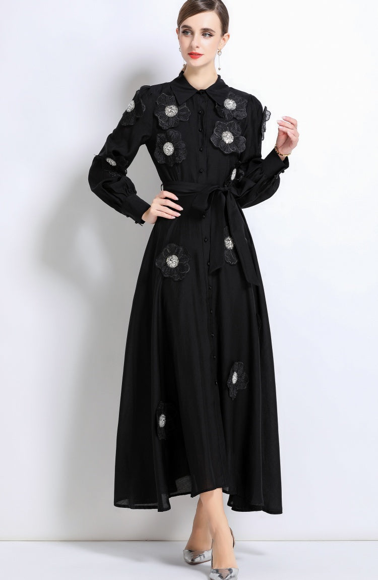 CM-DY051370 Women Elegant European Style Lapel Neckline Long Sleeve Floral Decor Pinched Waist Maxi Dress - Black