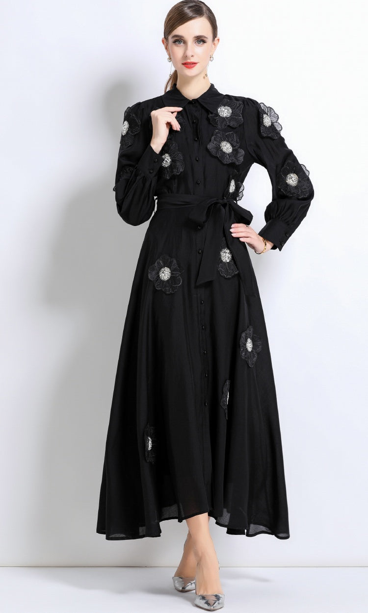 CM-DY051370 Women Elegant European Style Lapel Neckline Long Sleeve Floral Decor Pinched Waist Maxi Dress - Black