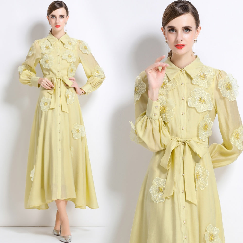 CM-DY051371 Women Elegant European Style Lapel Neckline Long Sleeve Floral Decor Pinched Waist Maxi Dress - Yellow