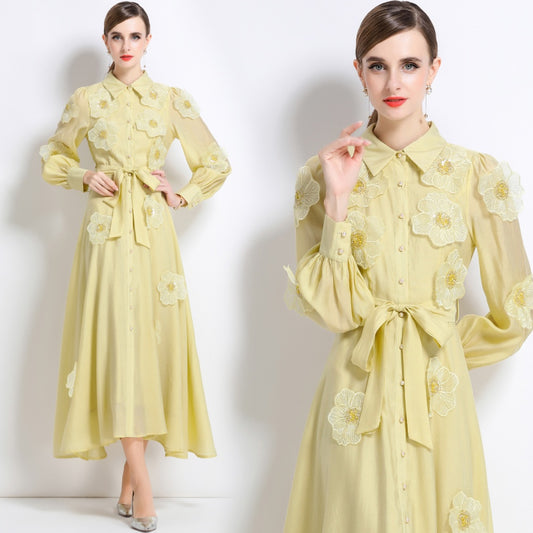 CM-DY051371 Women Elegant European Style Lapel Neckline Long Sleeve Floral Decor Pinched Waist Maxi Dress - Yellow