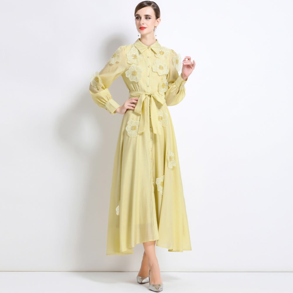 CM-DY051371 Women Elegant European Style Lapel Neckline Long Sleeve Floral Decor Pinched Waist Maxi Dress - Yellow