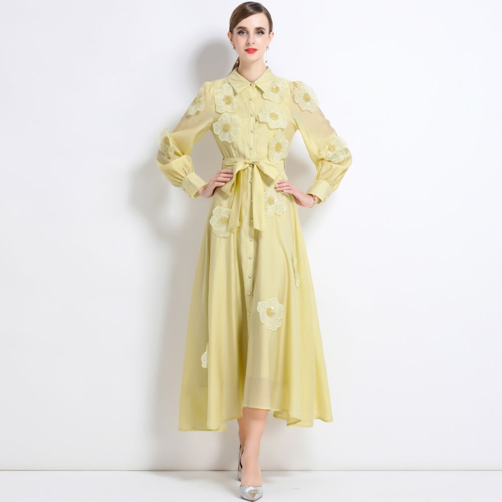 CM-DY051371 Women Elegant European Style Lapel Neckline Long Sleeve Floral Decor Pinched Waist Maxi Dress - Yellow