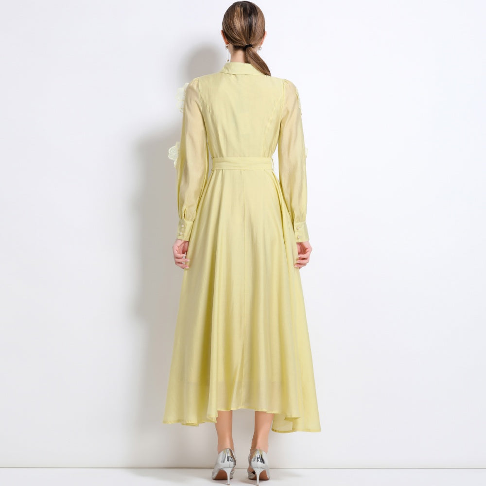 CM-DY051371 Women Elegant European Style Lapel Neckline Long Sleeve Floral Decor Pinched Waist Maxi Dress - Yellow