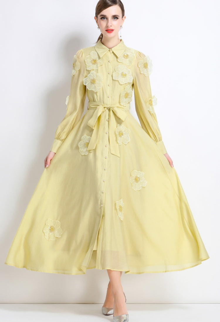 CM-DY051371 Women Elegant European Style Lapel Neckline Long Sleeve Floral Decor Pinched Waist Maxi Dress - Yellow