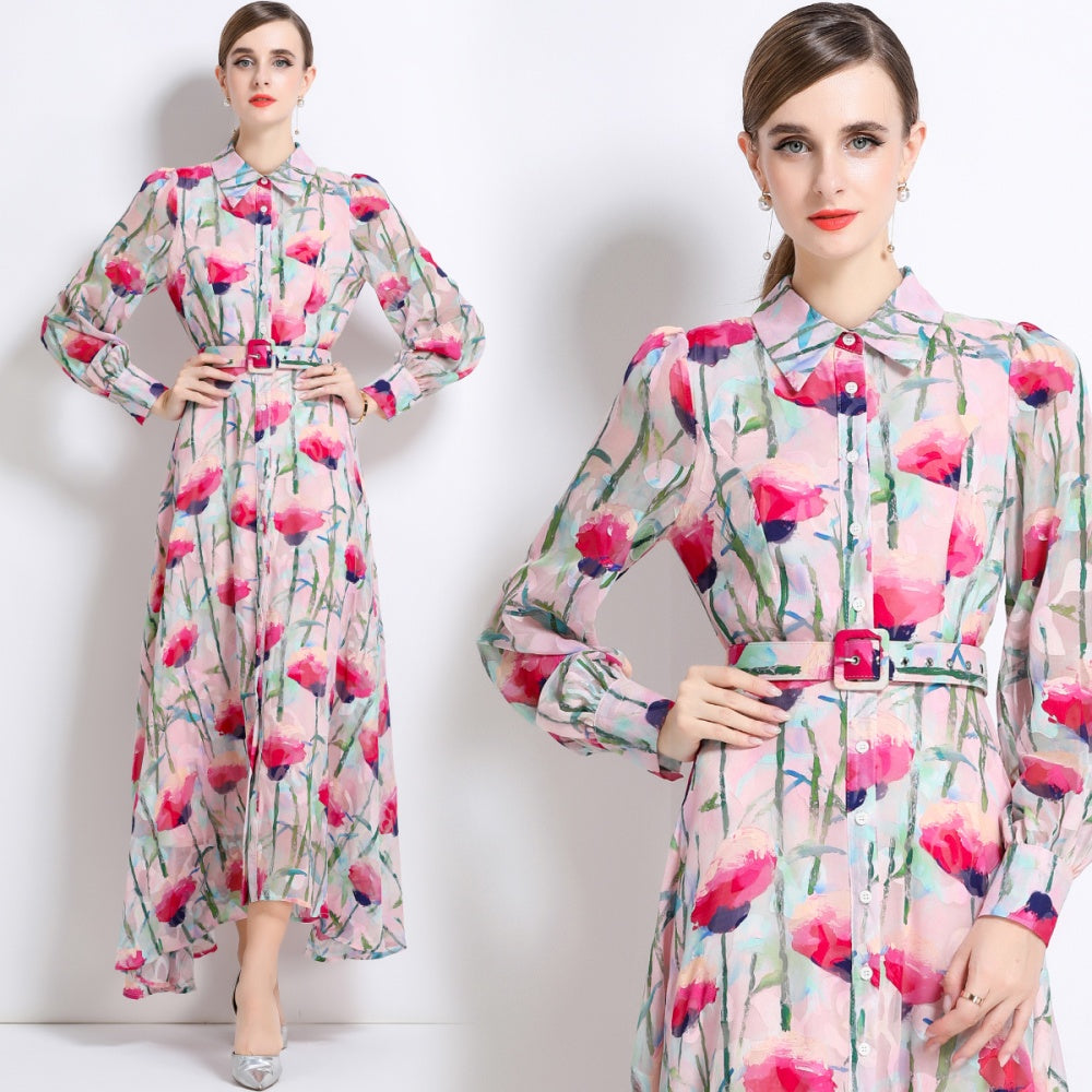 CM-DY051372 Women Elegant European Style Lapel Neckline Long Sleeve Pinched Waist Floral Print Dress