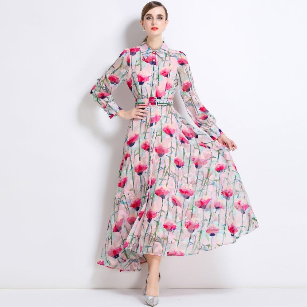 CM-DY051372 Women Elegant European Style Lapel Neckline Long Sleeve Pinched Waist Floral Print Dress