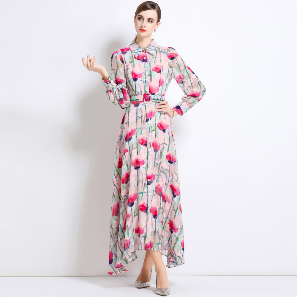 CM-DY051372 Women Elegant European Style Lapel Neckline Long Sleeve Pinched Waist Floral Print Dress