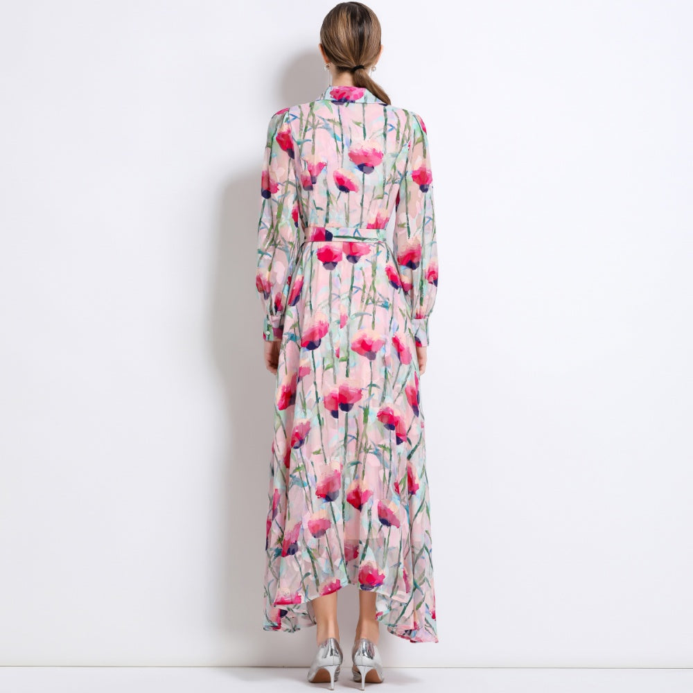 CM-DY051372 Women Elegant European Style Lapel Neckline Long Sleeve Pinched Waist Floral Print Dress