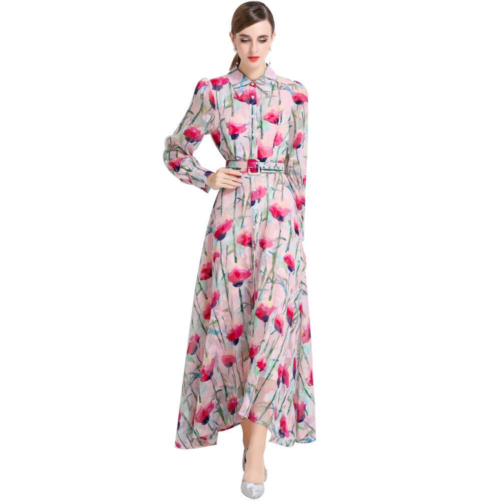 CM-DY051372 Women Elegant European Style Lapel Neckline Long Sleeve Pinched Waist Floral Print Dress