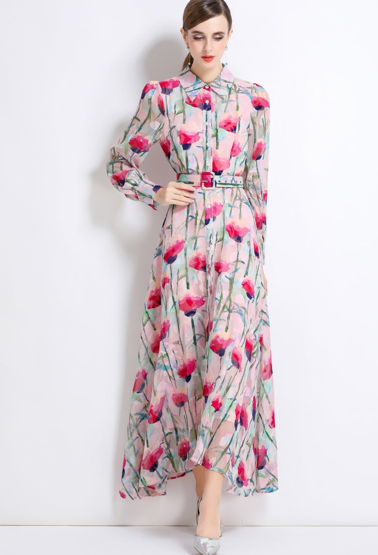 CM-DY051372 Women Elegant European Style Lapel Neckline Long Sleeve Pinched Waist Floral Print Dress