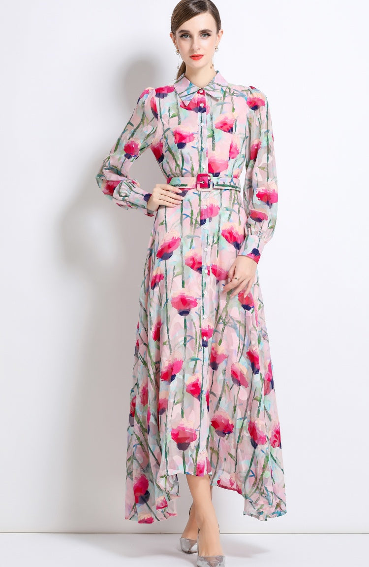 CM-DY051372 Women Elegant European Style Lapel Neckline Long Sleeve Pinched Waist Floral Print Dress