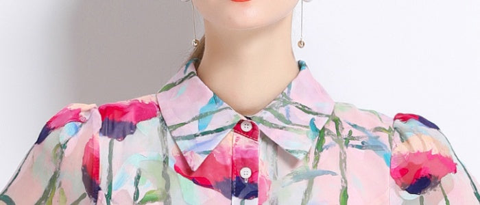 CM-DY051372 Women Elegant European Style Lapel Neckline Long Sleeve Pinched Waist Floral Print Dress