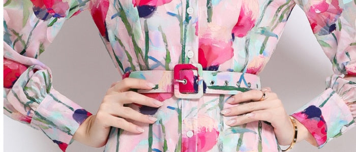 CM-DY051372 Women Elegant European Style Lapel Neckline Long Sleeve Pinched Waist Floral Print Dress