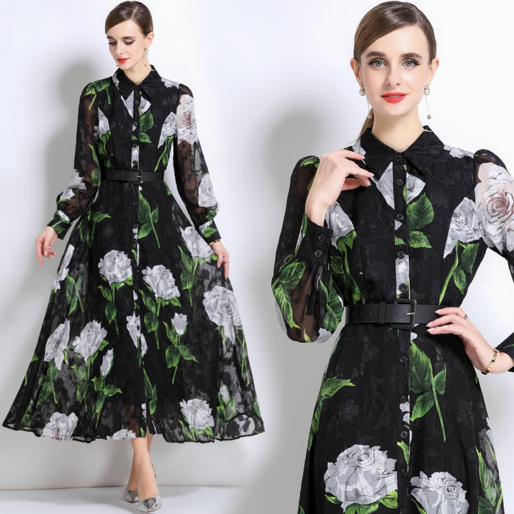 CM-DY051373 Women Elegant European Style Collar Neckline Long Sleeve Belted A-Line Dress - Black