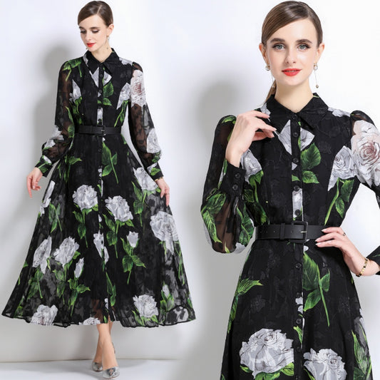 CM-DY051373 Women Elegant European Style Collar Neckline Long Sleeve Belted A-Line Dress - Black
