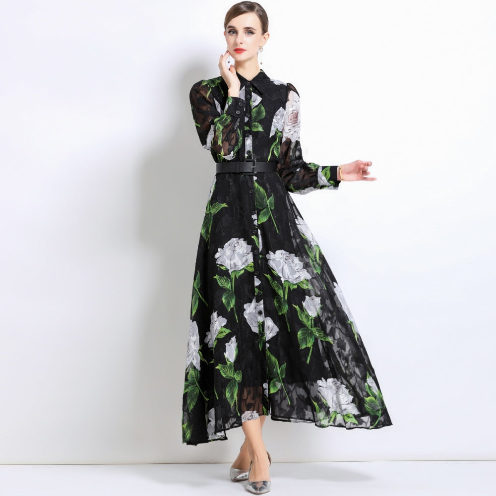 CM-DY051373 Women Elegant European Style Collar Neckline Long Sleeve Belted A-Line Dress - Black