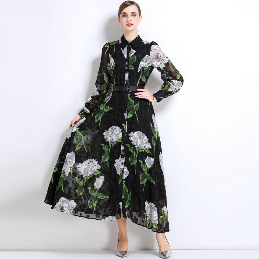 CM-DY051373 Women Elegant European Style Collar Neckline Long Sleeve Belted A-Line Dress - Black
