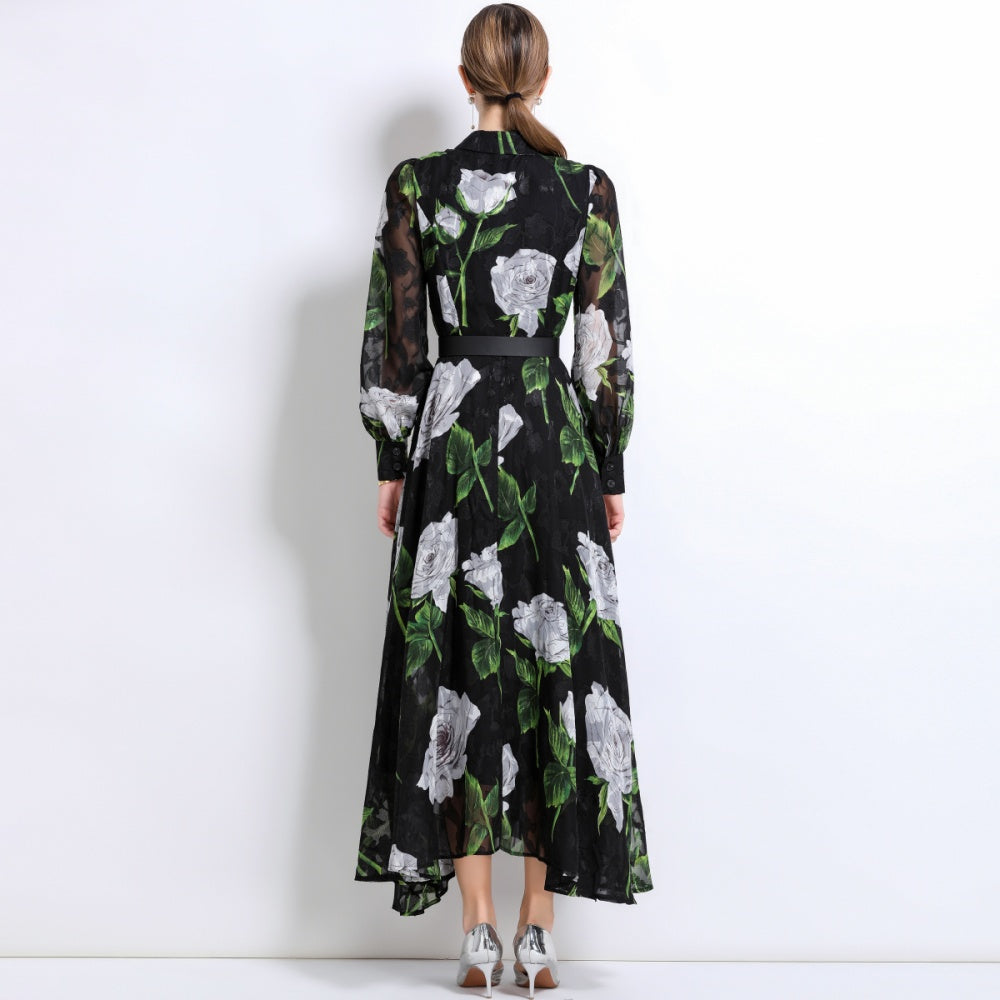 CM-DY051373 Women Elegant European Style Collar Neckline Long Sleeve Belted A-Line Dress - Black