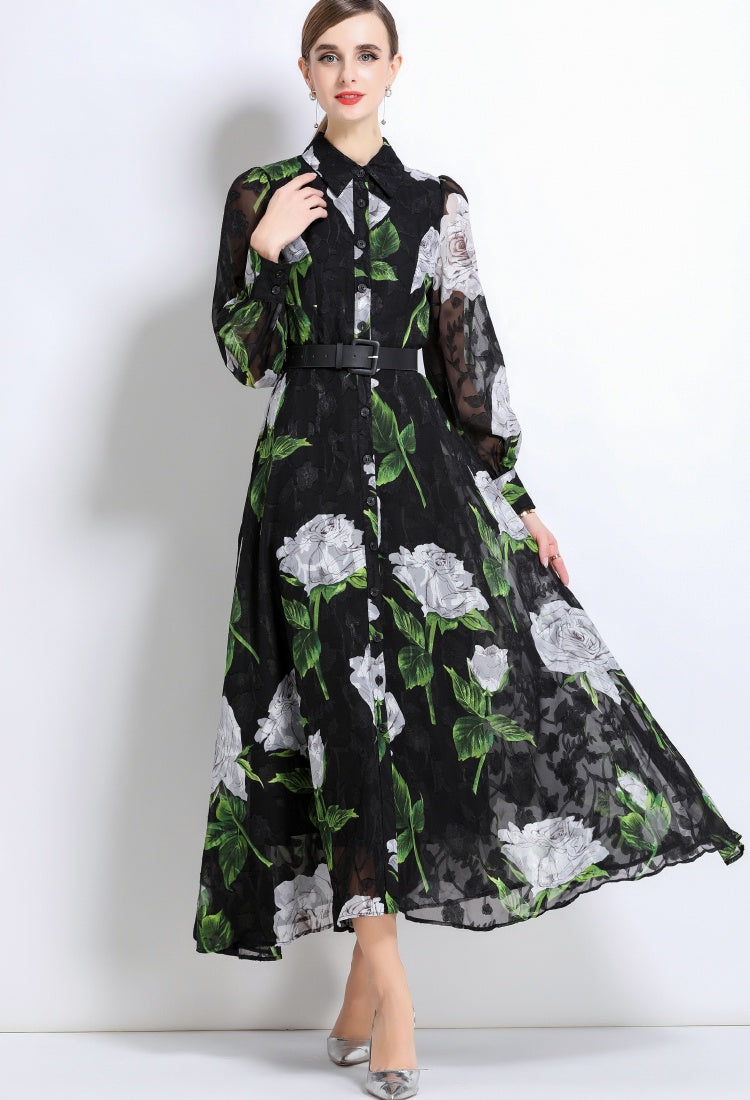 CM-DY051373 Women Elegant European Style Collar Neckline Long Sleeve Belted A-Line Dress - Black