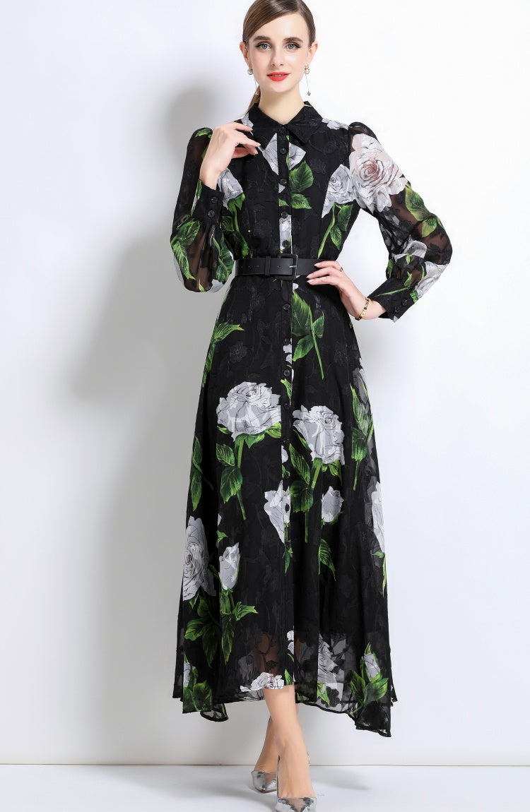 CM-DY051373 Women Elegant European Style Collar Neckline Long Sleeve Belted A-Line Dress - Black