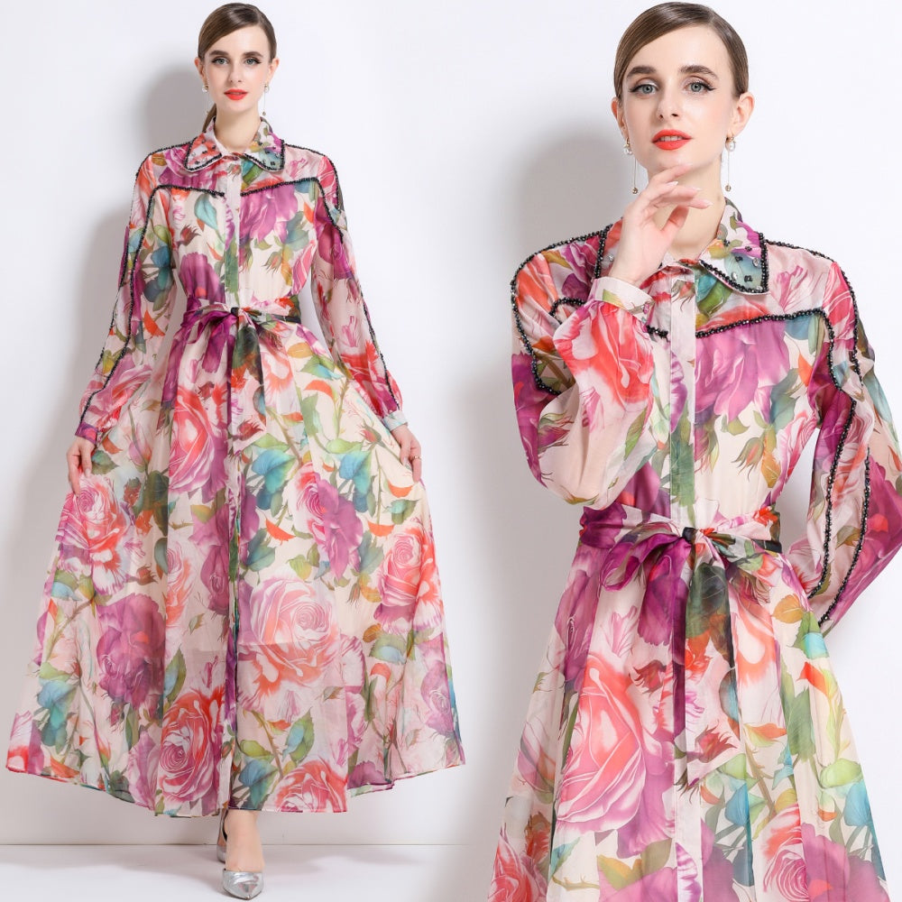 CM-DY051374 Women Trendy Bohemian Style Floral Print Collar Neckline Long Sleeve Maxi Dress