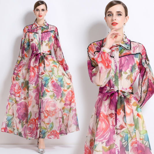 CM-DY051374 Women Trendy Bohemian Style Floral Print Collar Neckline Long Sleeve Maxi Dress